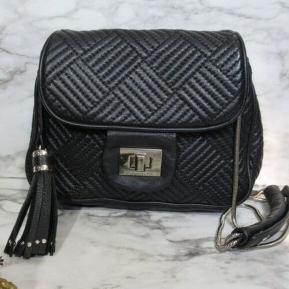 BCBGMaxAzria Quilted Chain Crossbody Bag Black Leather - Picture 1 of 13